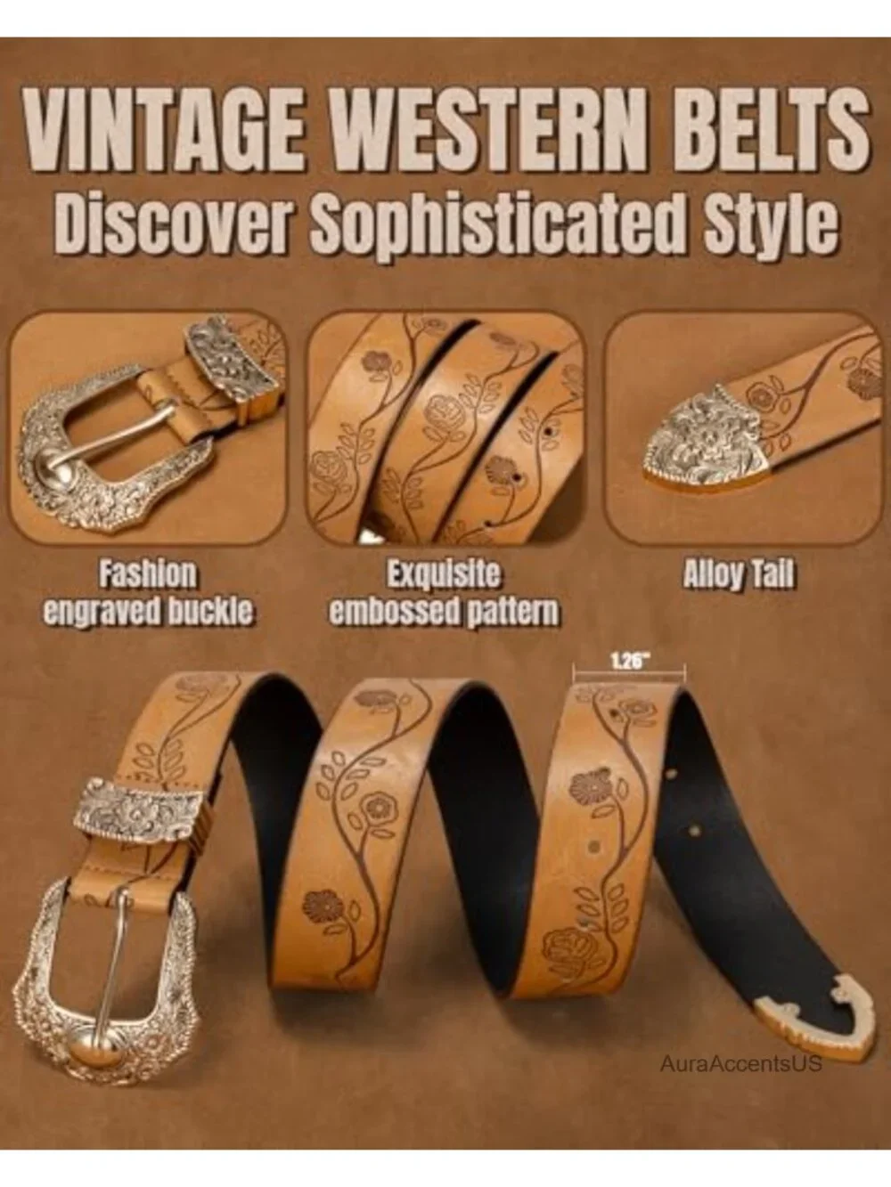 2 Pack Women Western PU Leather Engraved Buckle Belts Cowgirl Style